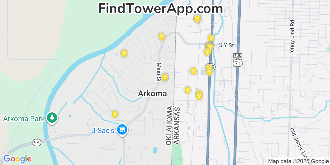 Map showing the 20 primary cell tower locations detected in Arkoma, Oklahoma from AT&T, Verizon, and T-Mobile networks