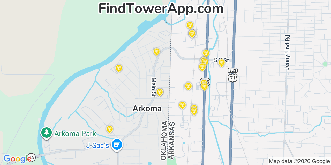 Map showing the 20 primary cell tower locations detected in Arkoma, Oklahoma from AT&T, Verizon, and T-Mobile networks