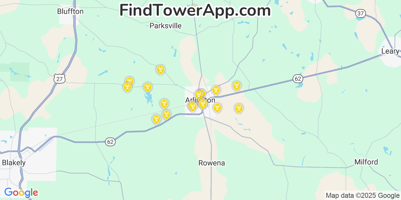 Map showing the 20 primary cell tower locations detected in Arlington, Georgia from AT&T, Verizon, and T-Mobile networks