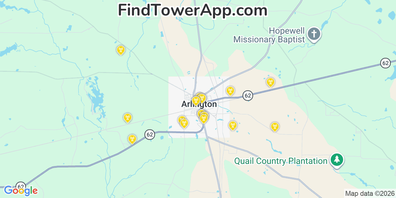 Map showing the 20 primary cell tower locations detected in Arlington, Georgia from AT&T, Verizon, and T-Mobile networks