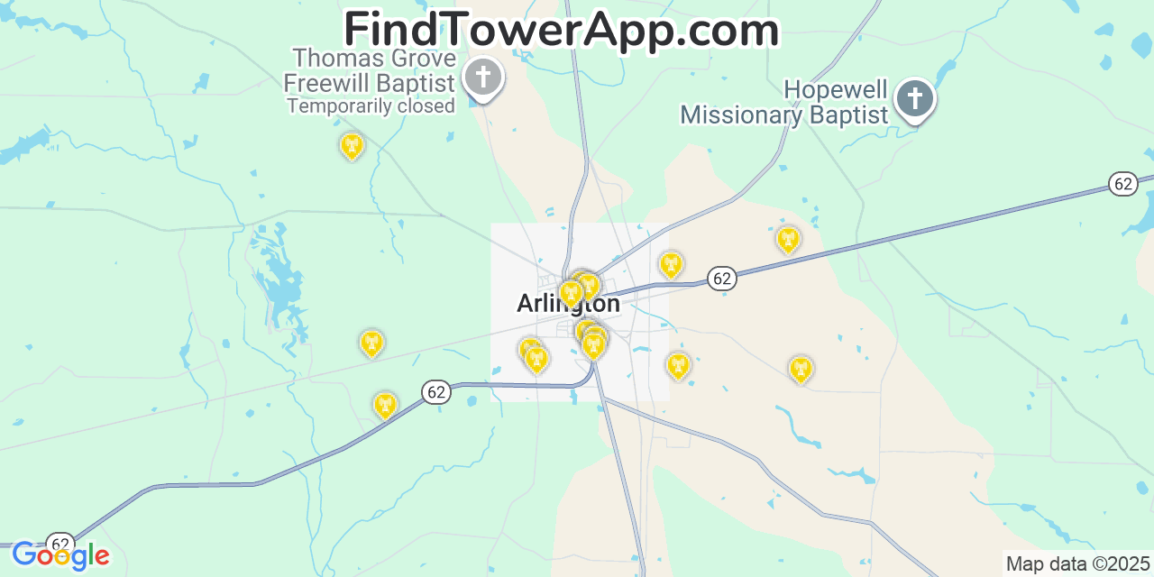 Map showing the 20 primary Mobitel cell tower locations detected in Arlington, Georgia with coverage radius and signal strength indicators
