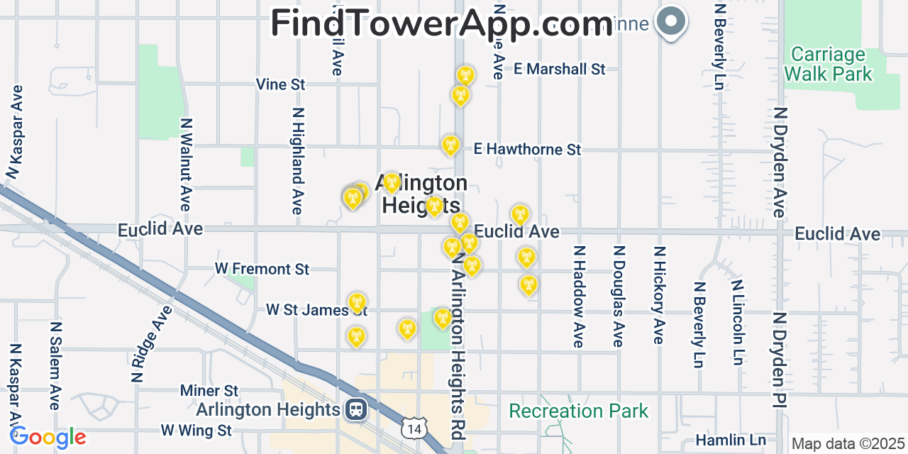 Map showing the 20 primary cell tower locations detected in Arlington Heights, Illinois from AT&T, Verizon, and T-Mobile networks