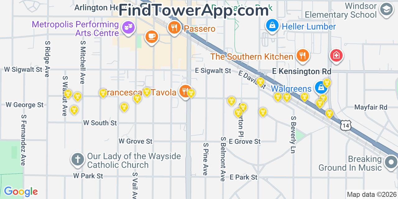 Map showing the 20 primary cell tower locations detected in Arlington Heights, Illinois from AT&T, Verizon, and T-Mobile networks