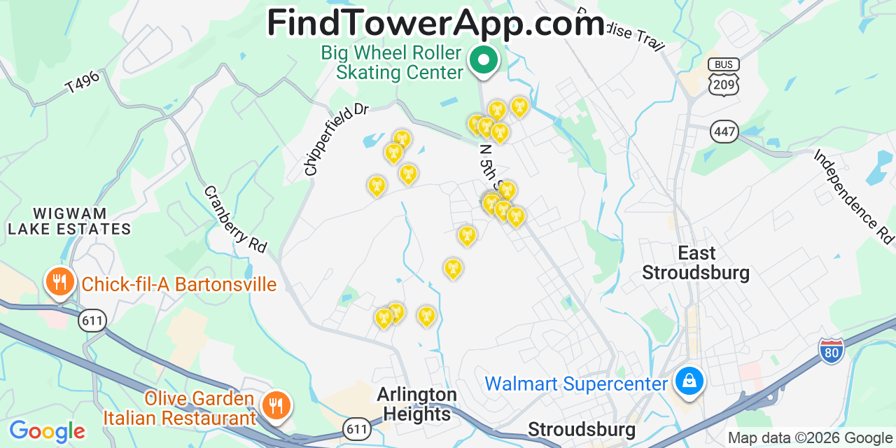 Map showing the 20 primary cell tower locations detected in Arlington Heights, Pennsylvania from AT&T, Verizon, and T-Mobile networks
