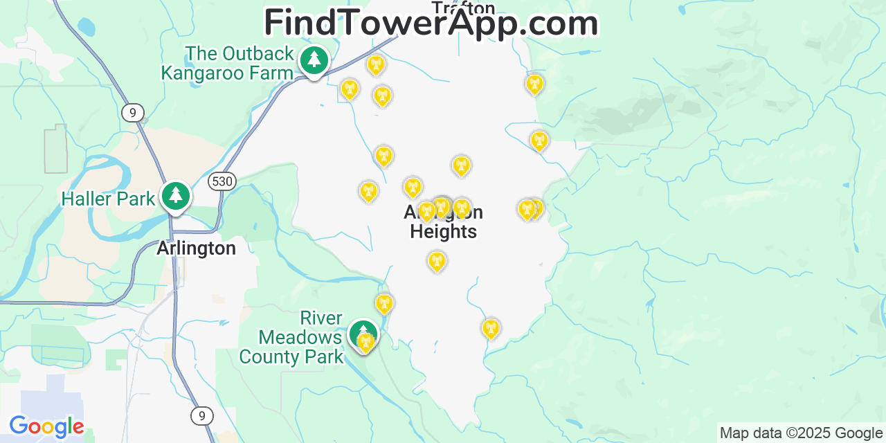 Map showing the 20 primary cell tower locations detected in Arlington Heights, Washington from AT&T, Verizon, and T-Mobile networks