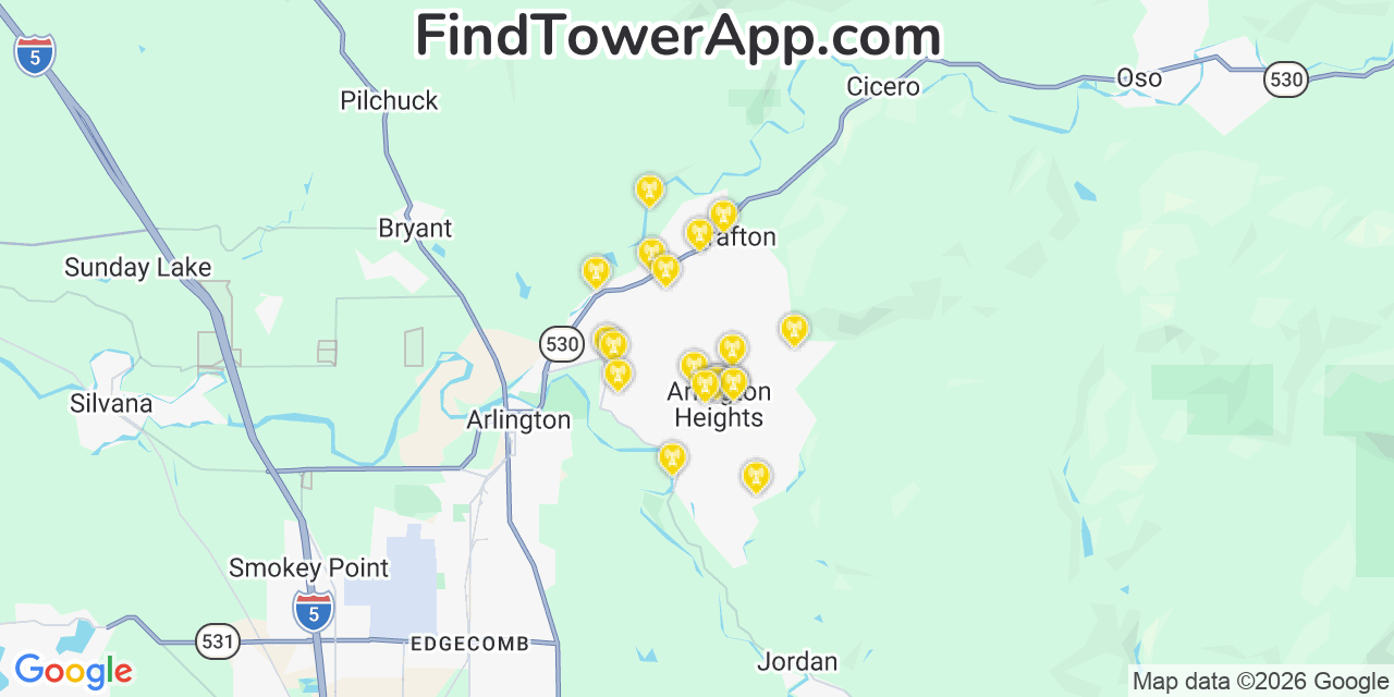 Map showing the 20 primary cell tower locations detected in Arlington Heights, Washington from AT&T, Verizon, and T-Mobile networks