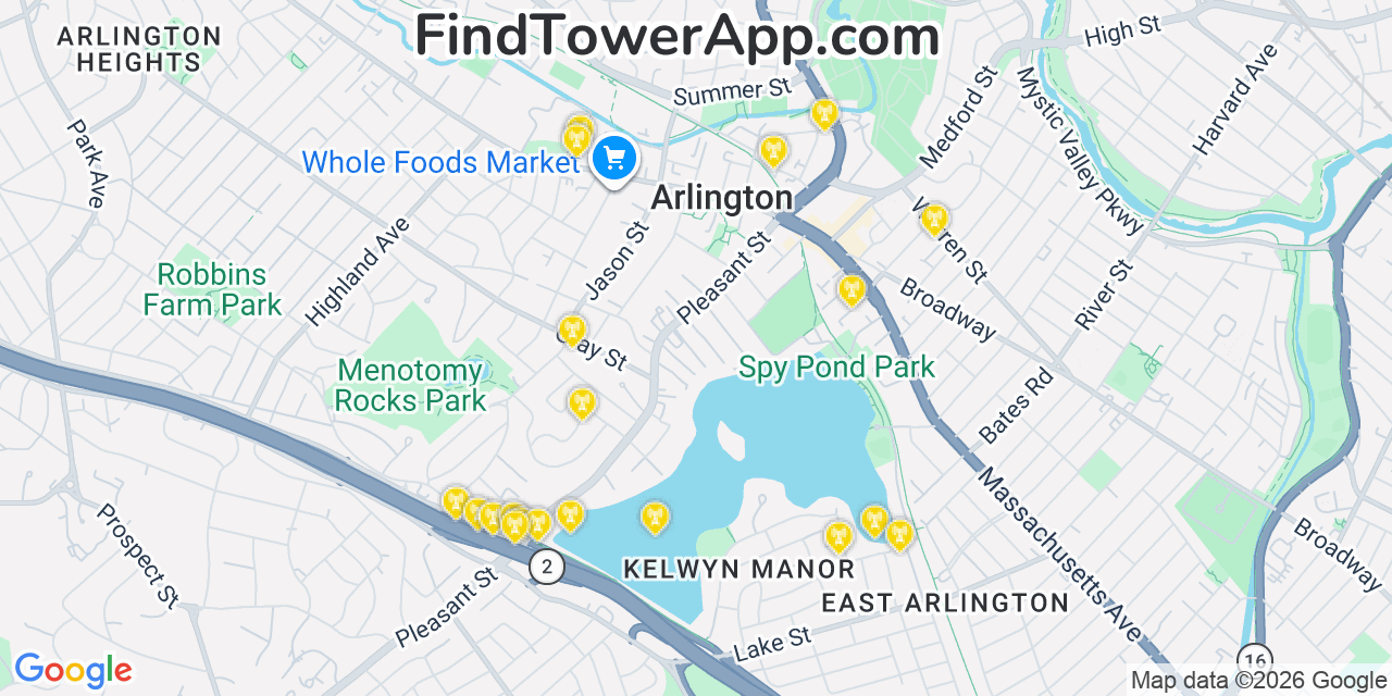 Map showing the 20 primary cell tower locations detected in Arlington, Massachusetts from AT&T, Verizon, and T-Mobile networks