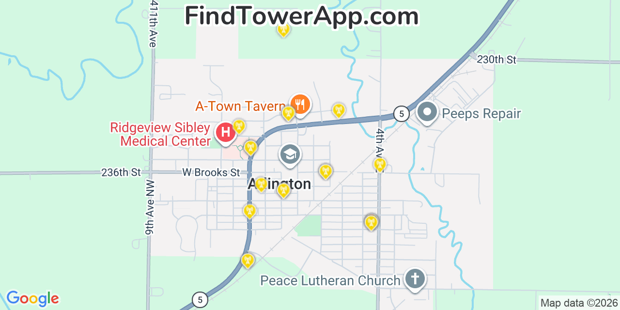 Map showing the 20 primary cell tower locations detected in Arlington, Minnesota from AT&T, Verizon, and T-Mobile networks