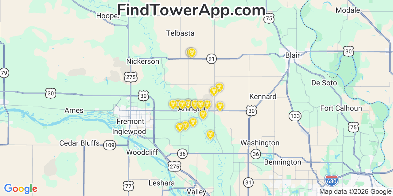 Map showing the 20 primary cell tower locations detected in Arlington, Nebraska from AT&T, Verizon, and T-Mobile networks