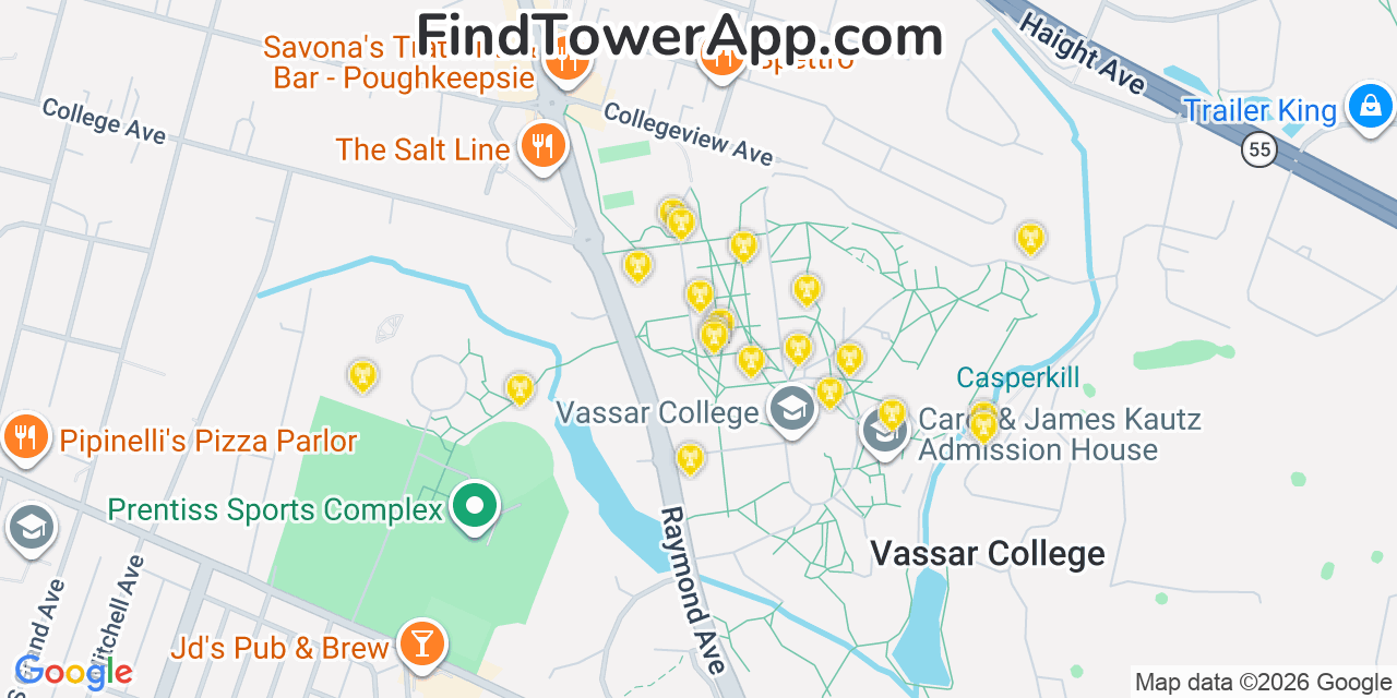 Map showing the 20 primary cell tower locations detected in Arlington, New York from AT&T, Verizon, and T-Mobile networks
