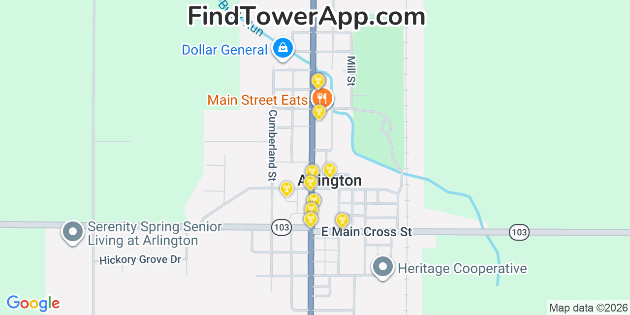 Map showing the 20 primary cell tower locations detected in Arlington, Ohio from AT&T, Verizon, and T-Mobile networks