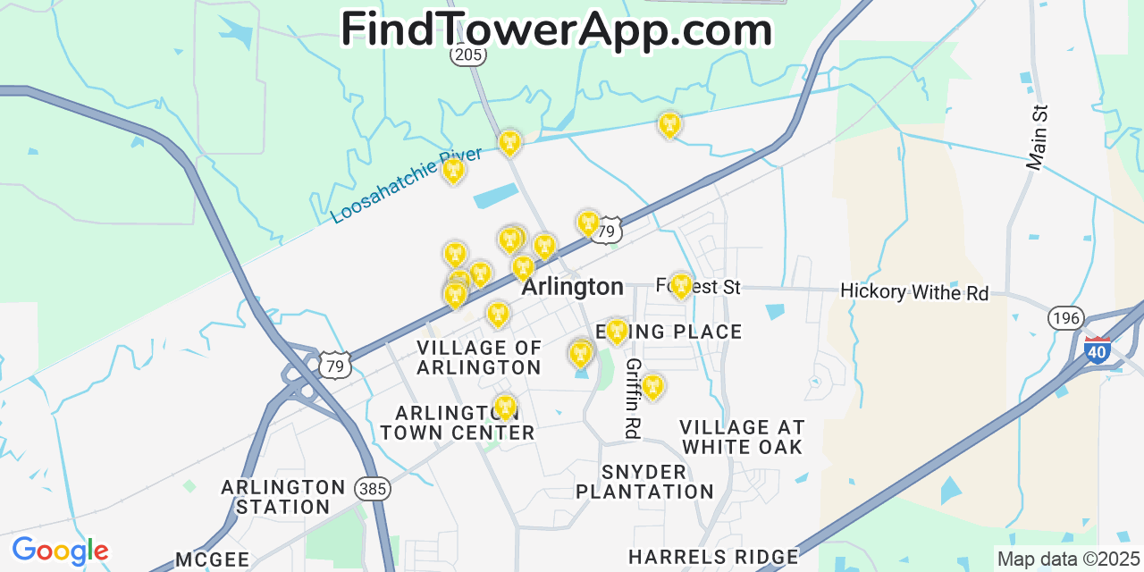 Map showing the 20 primary cell tower locations detected in Arlington, Tennessee from AT&T, Verizon, and T-Mobile networks