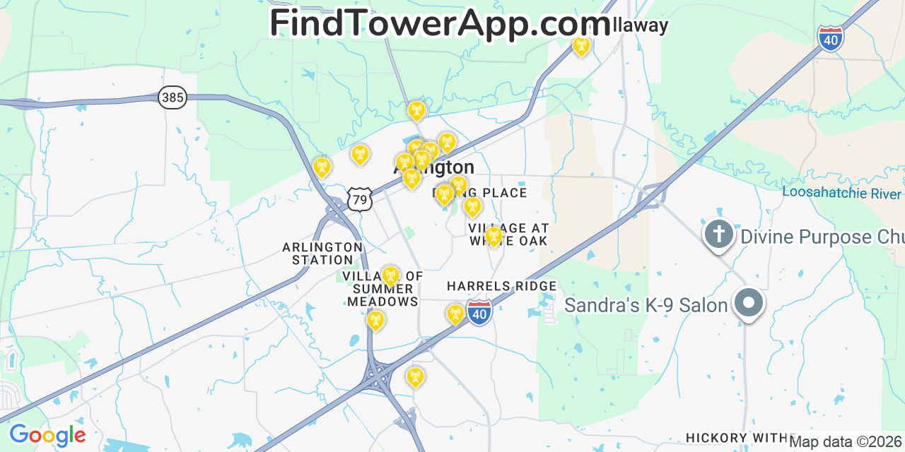 Map showing the 20 primary cell tower locations detected in Arlington, Tennessee from AT&T, Verizon, and T-Mobile networks
