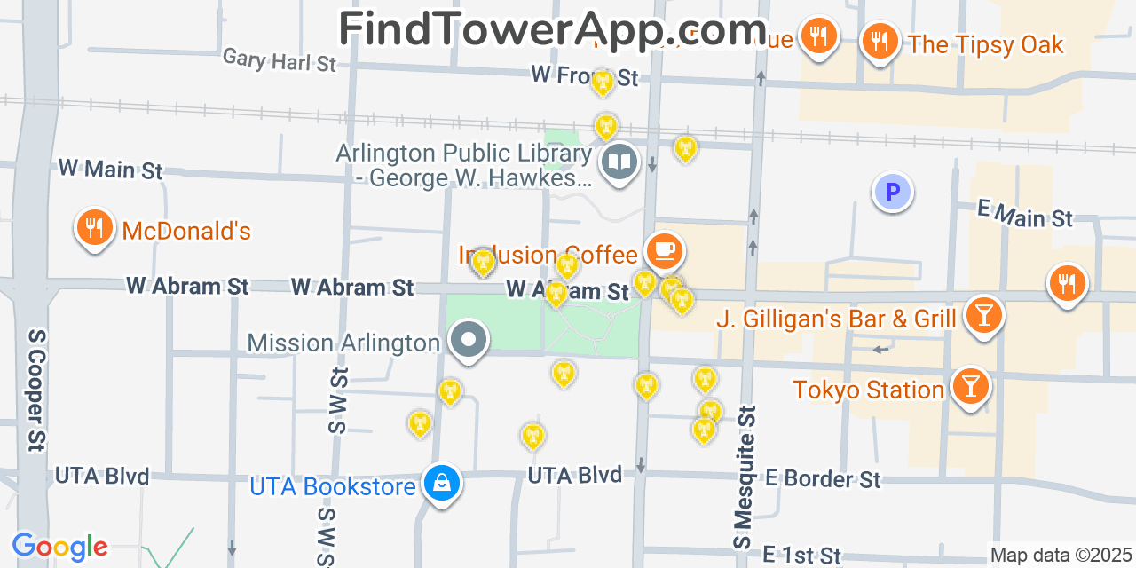 Map showing the 20 primary cell tower locations detected in Arlington, Texas from AT&T, Verizon, and T-Mobile networks