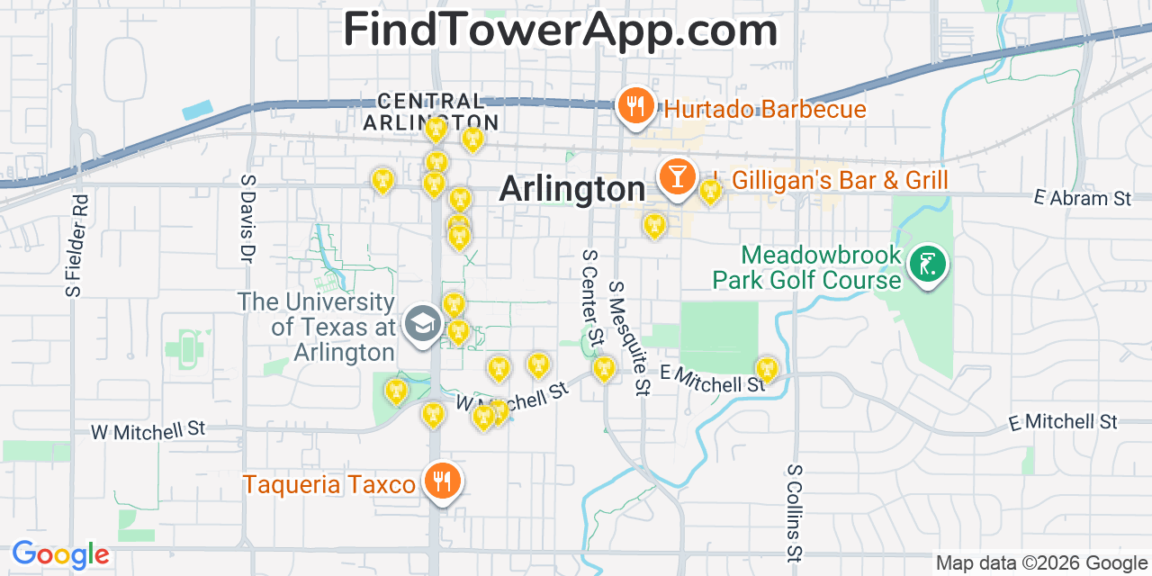 Map showing the 20 primary cell tower locations detected in Arlington, Texas from AT&T, Verizon, and T-Mobile networks