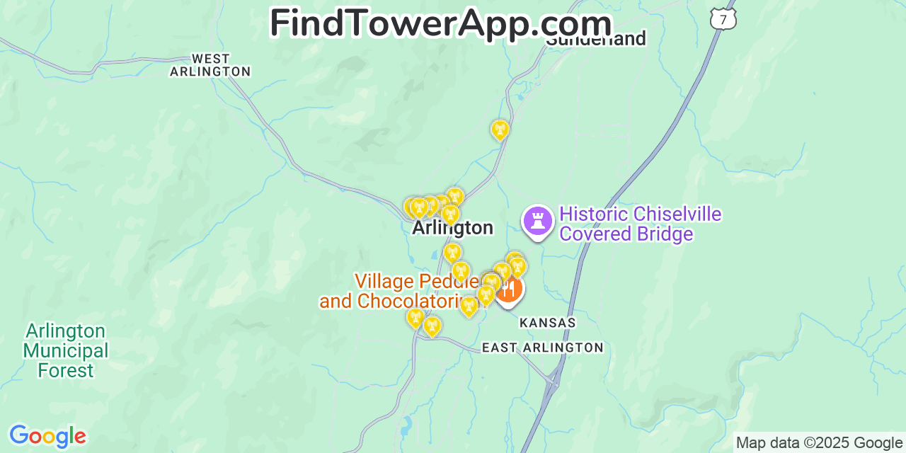 Map showing the 20 primary cell tower locations detected in Arlington, Vermont from AT&T, Verizon, and T-Mobile networks