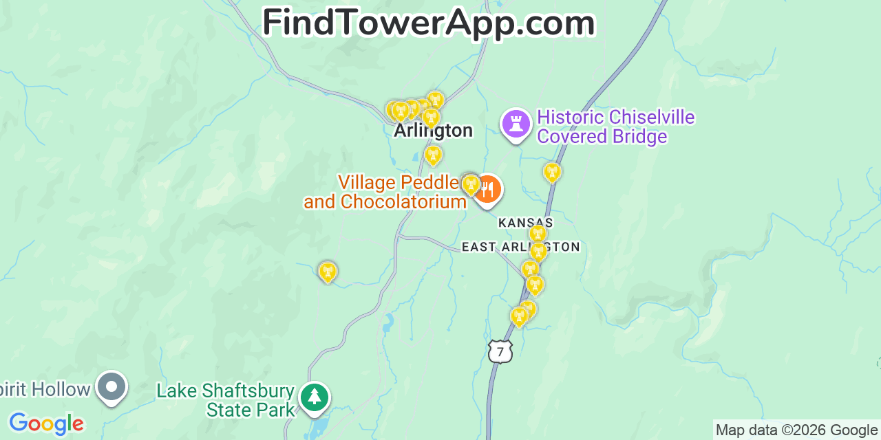 Map showing the 20 primary cell tower locations detected in Arlington, Vermont from AT&T, Verizon, and T-Mobile networks