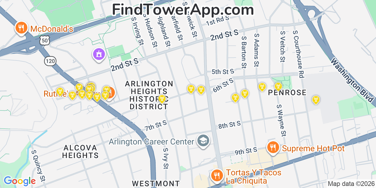 Map showing the 20 primary cell tower locations detected in Arlington, Virginia from AT&T, Verizon, and T-Mobile networks