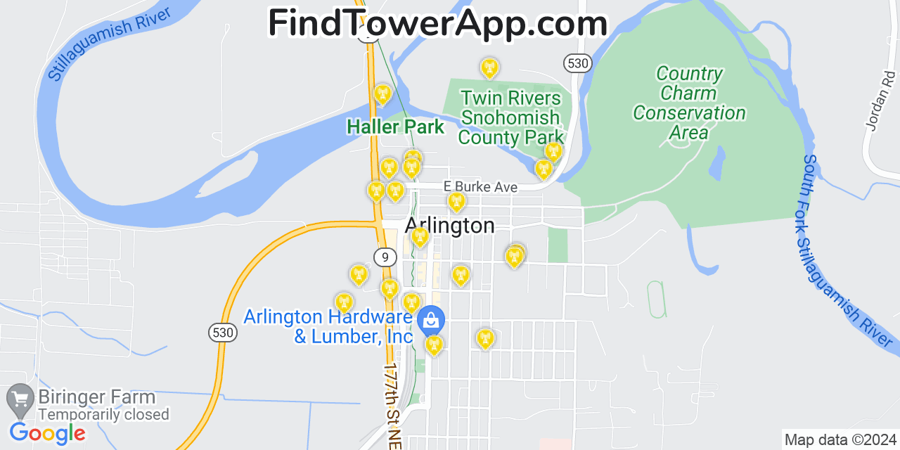 AT&T 4G/5G cell tower coverage map Arlington, Washington