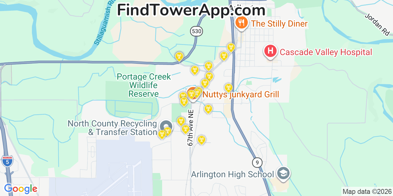Map showing the 20 primary cell tower locations detected in Arlington, Washington from AT&T, Verizon, and T-Mobile networks