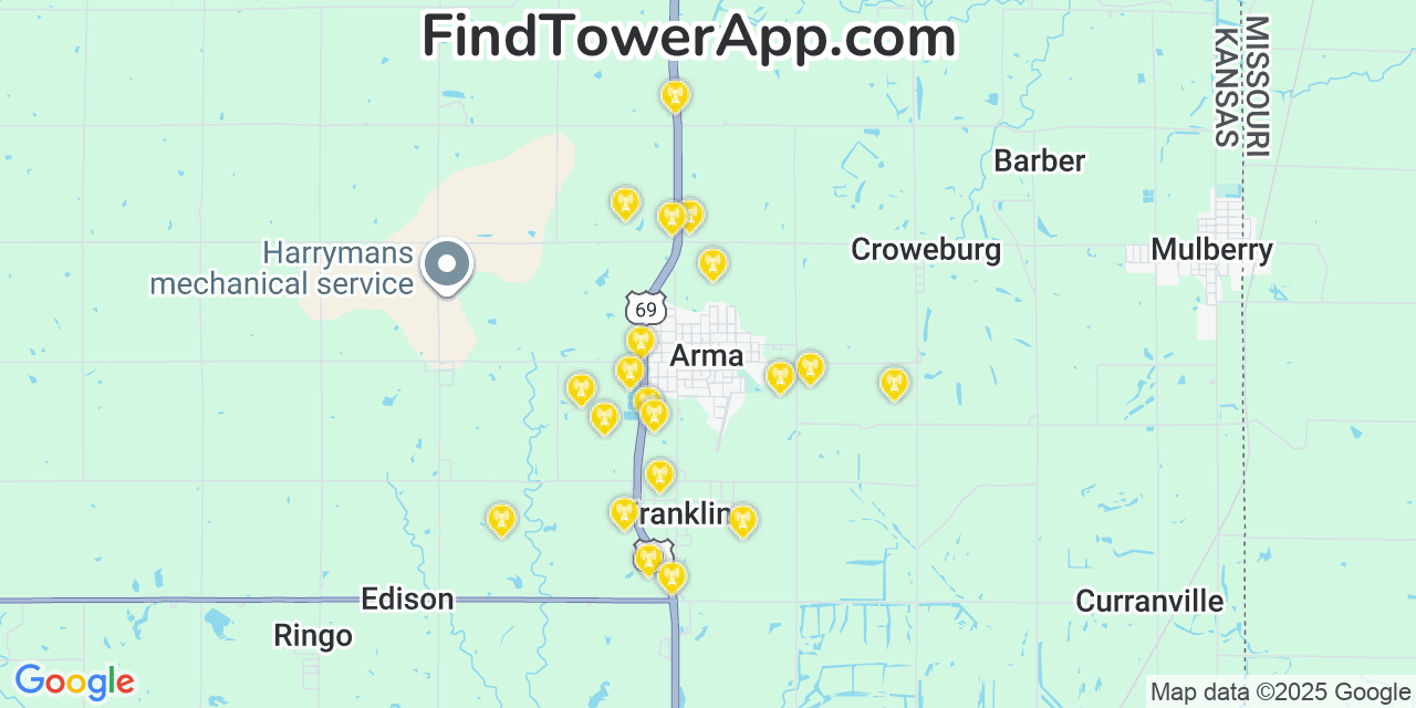 Map showing the 20 primary cell tower locations detected in Arma, Kansas from AT&T, Verizon, and T-Mobile networks