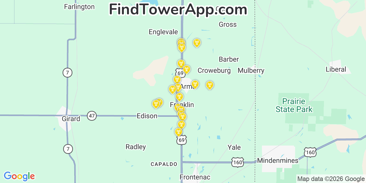Map showing the 20 primary cell tower locations detected in Arma, Kansas from AT&T, Verizon, and T-Mobile networks