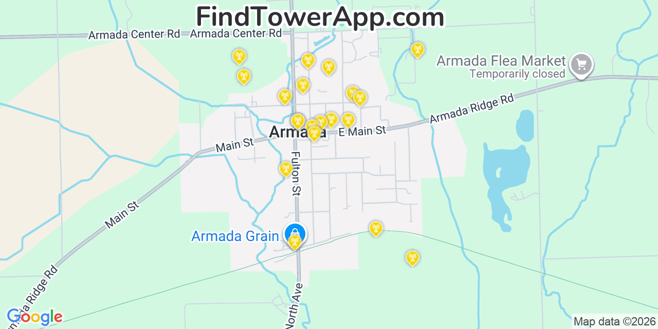 Map showing the 20 primary cell tower locations detected in Armada, Michigan from AT&T, Verizon, and T-Mobile networks