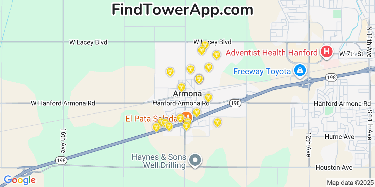 Map showing the 20 primary cell tower locations detected in Armona, California from AT&T, Verizon, and T-Mobile networks