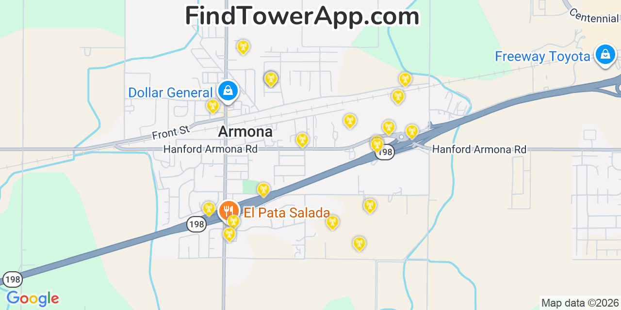 Map showing the 20 primary cell tower locations detected in Armona, California from AT&T, Verizon, and T-Mobile networks