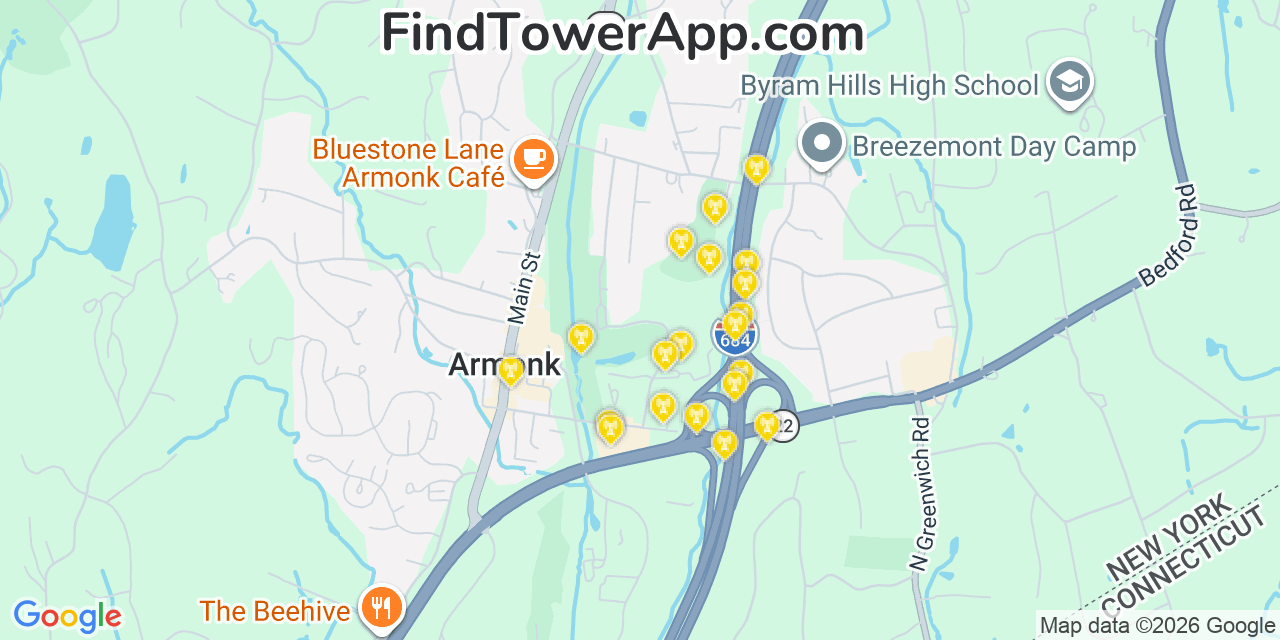 Map showing the 20 primary cell tower locations detected in Armonk, New York from AT&T, Verizon, and T-Mobile networks