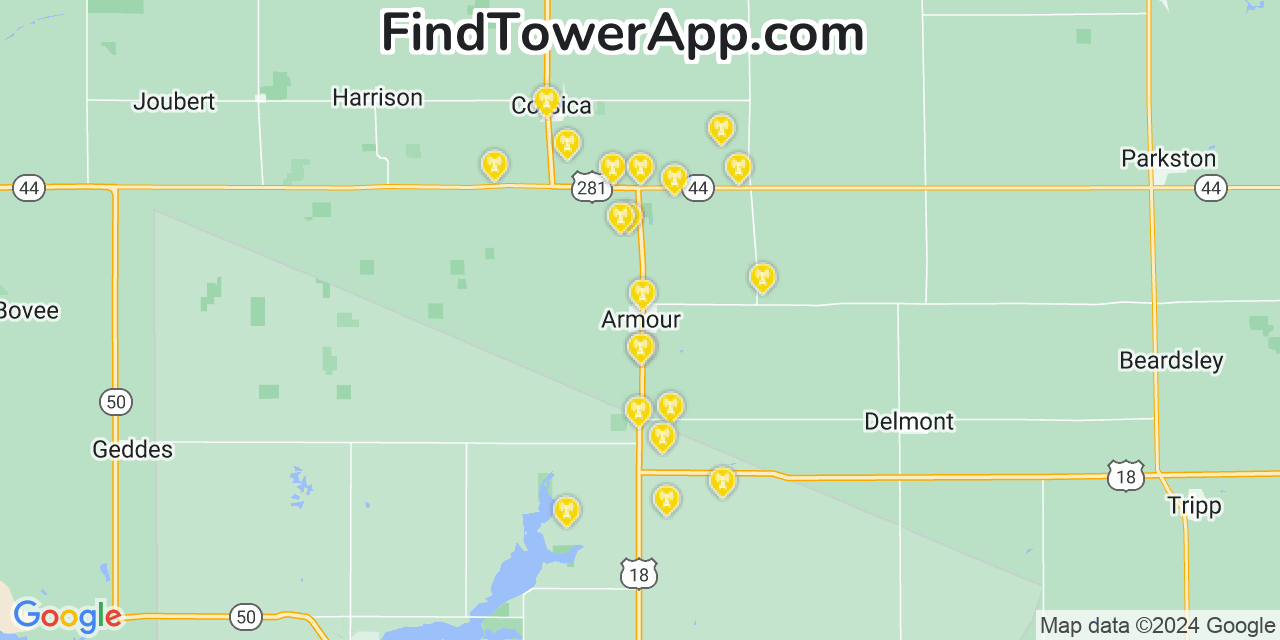 AT&T 4G/5G cell tower coverage map Armour, South Dakota