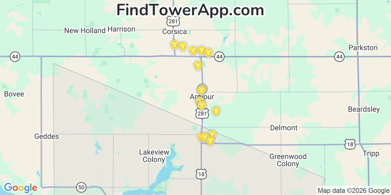 Map showing the 20 primary cell tower locations detected in Armour, South Dakota from AT&T, Verizon, and T-Mobile networks
