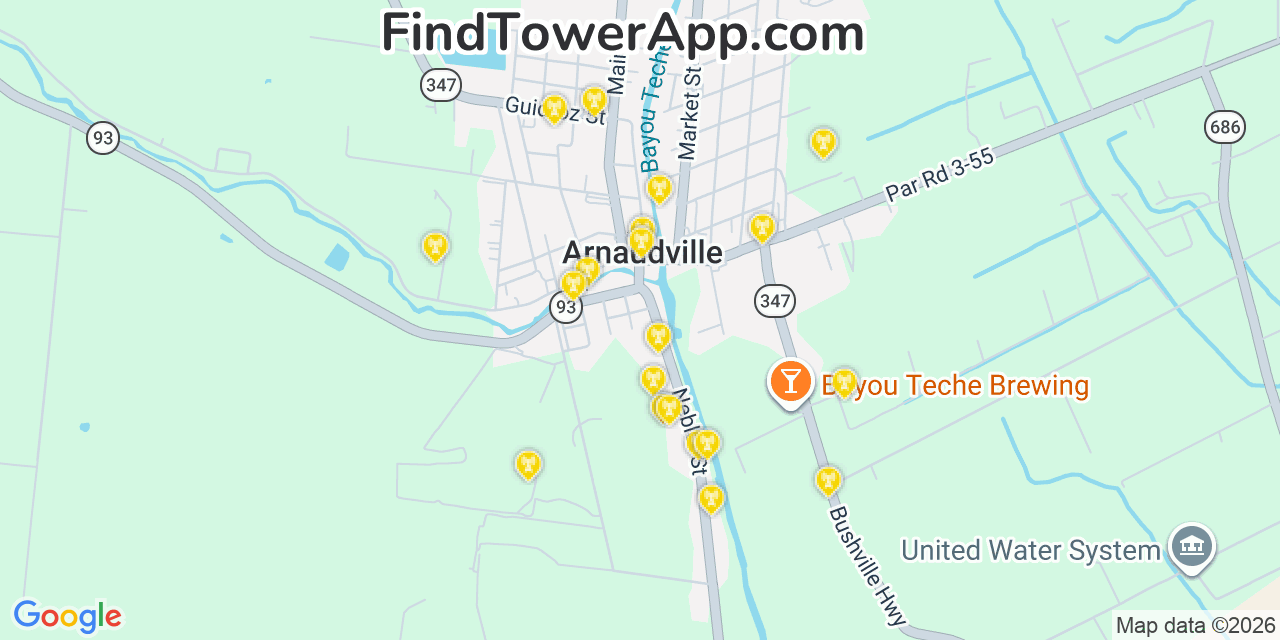 Map showing the 20 primary cell tower locations detected in Arnaudville, Louisiana from AT&T, Verizon, and T-Mobile networks
