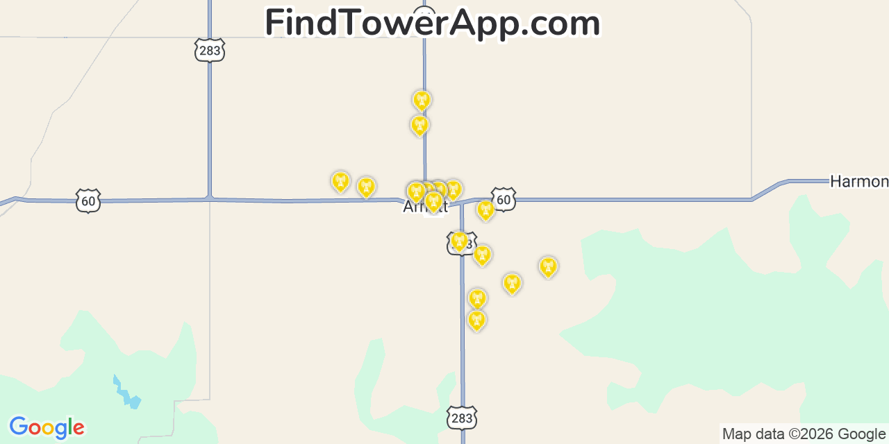 Map showing the 20 primary cell tower locations detected in Arnett, Oklahoma from AT&T, Verizon, and T-Mobile networks