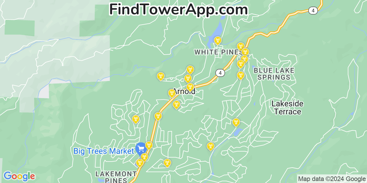 AT&T 4G/5G cell tower coverage map Arnold, California