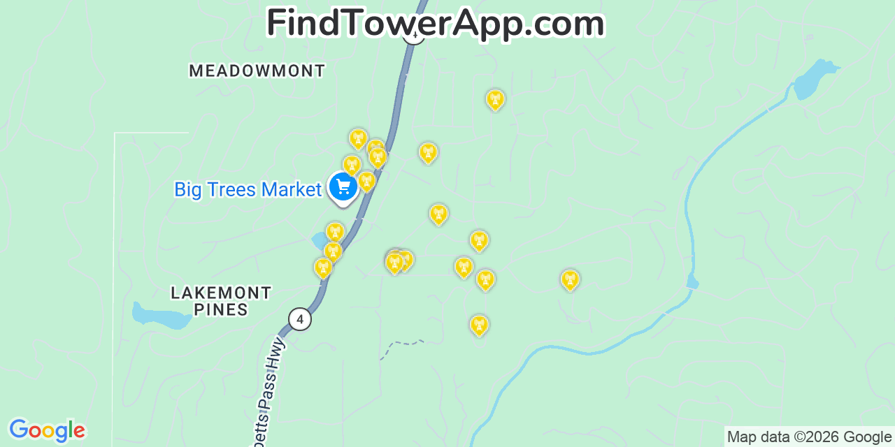 Map showing the 20 primary cell tower locations detected in Arnold, California from AT&T, Verizon, and T-Mobile networks