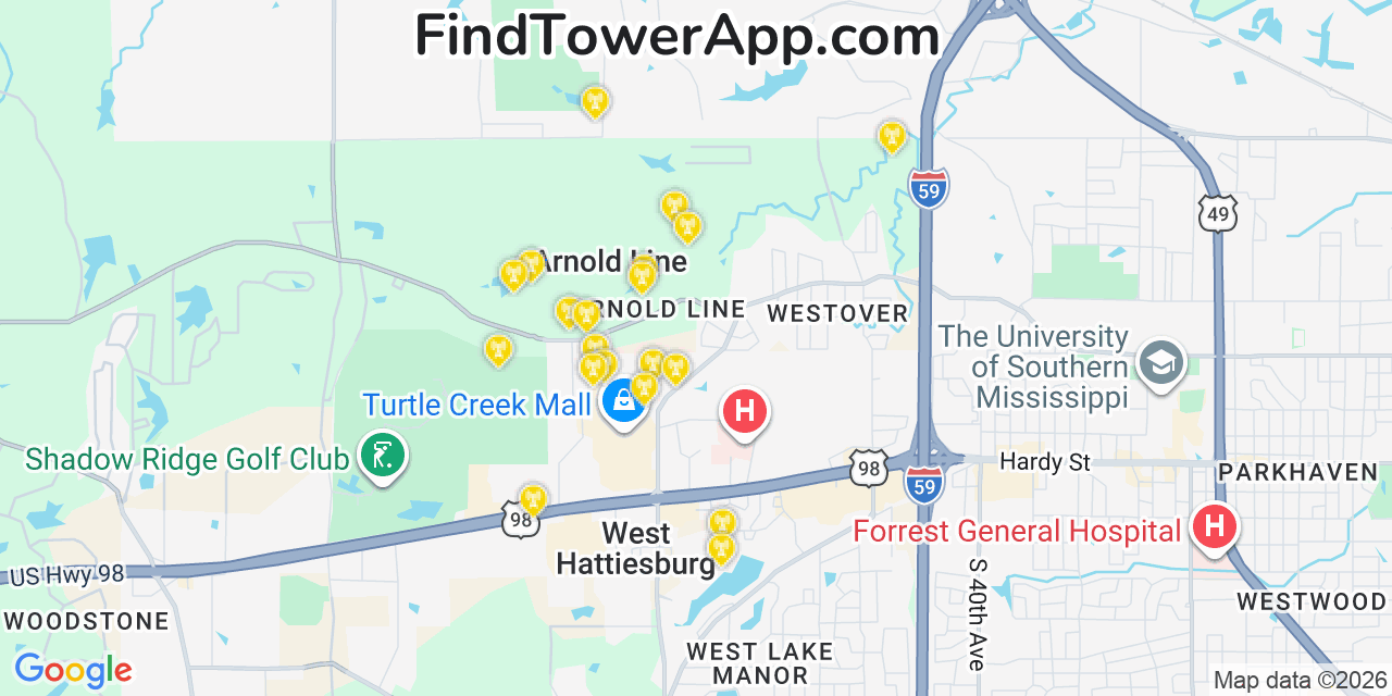 Map showing the 20 primary cell tower locations detected in Arnold Line, Mississippi from AT&T, Verizon, and T-Mobile networks