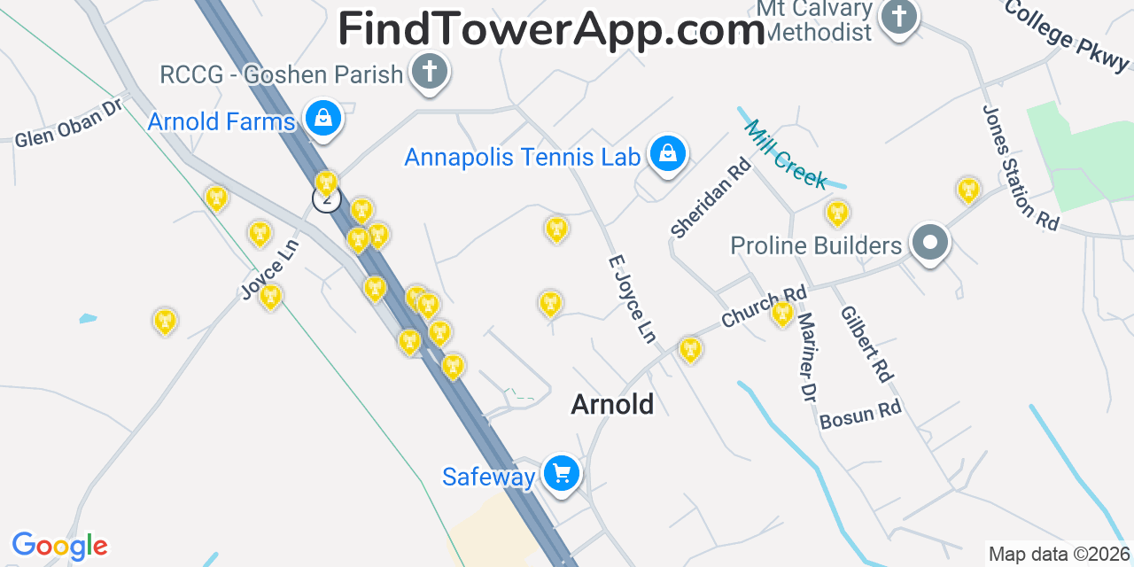 Map showing the 20 primary cell tower locations detected in Arnold, Maryland from AT&T, Verizon, and T-Mobile networks
