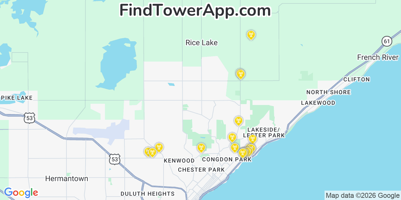 Map showing the 20 primary cell tower locations detected in Arnold, Minnesota from AT&T, Verizon, and T-Mobile networks