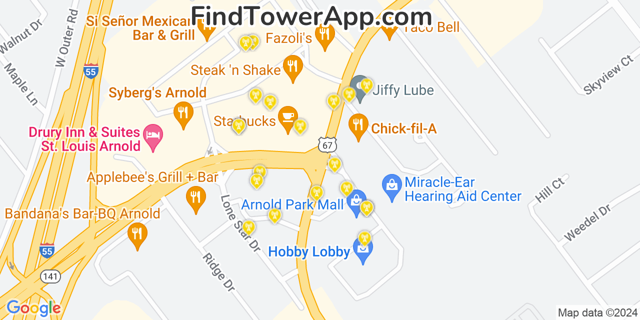 AT&T 4G/5G cell tower coverage map Arnold, Missouri