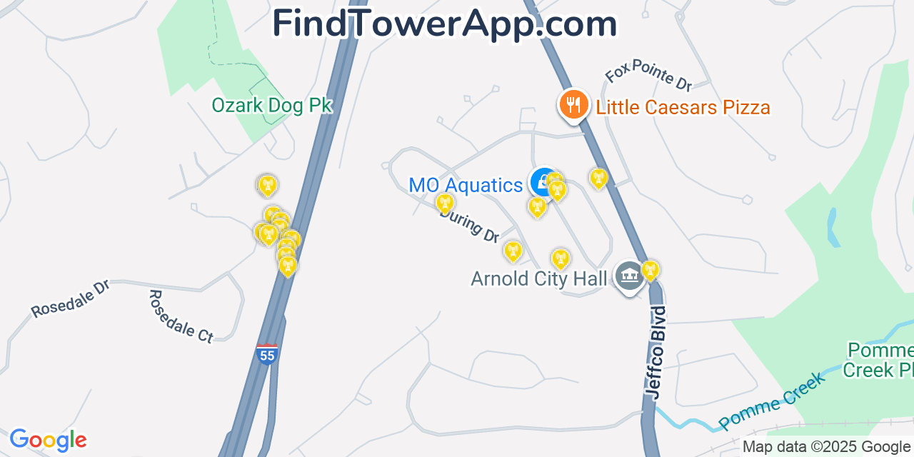 Map showing the 20 primary cell tower locations detected in Arnold, Missouri from AT&T, Verizon, and T-Mobile networks