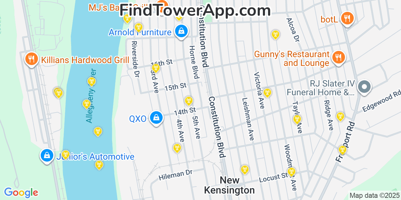 Map showing the 20 primary cell tower locations detected in Arnold, Pennsylvania from AT&T, Verizon, and T-Mobile networks