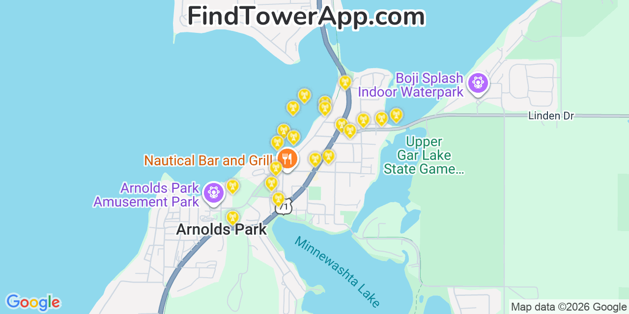 Map showing the 20 primary cell tower locations detected in Arnolds Park, Iowa from AT&T, Verizon, and T-Mobile networks