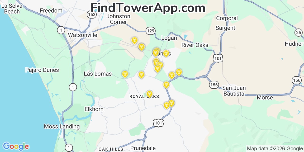 Map showing the 20 primary cell tower locations detected in Aromas, California from AT&T, Verizon, and T-Mobile networks