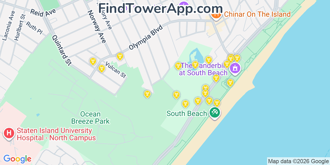 Map showing the 20 primary cell tower locations detected in Arrochar, New York from AT&T, Verizon, and T-Mobile networks