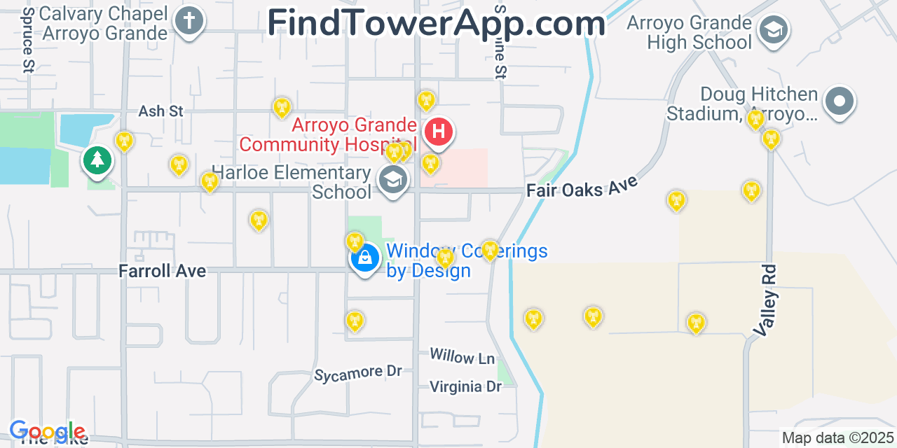 Map showing the 20 primary cell tower locations detected in Arroyo Grande, California from AT&T, Verizon, and T-Mobile networks