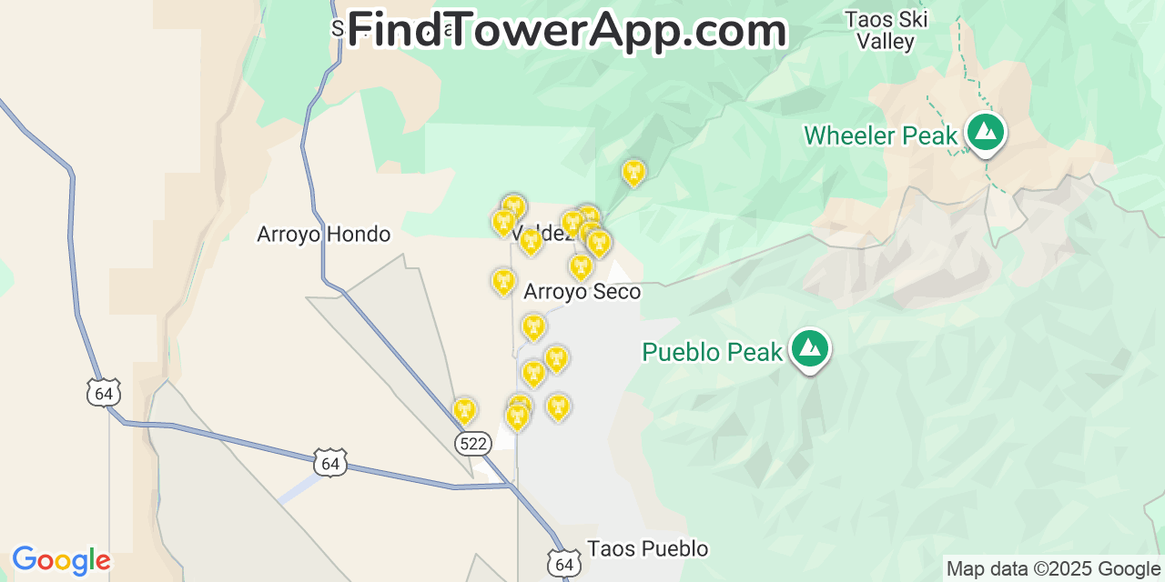 Map showing the 20 primary cell tower locations detected in Arroyo Seco, New Mexico from AT&T, Verizon, and T-Mobile networks