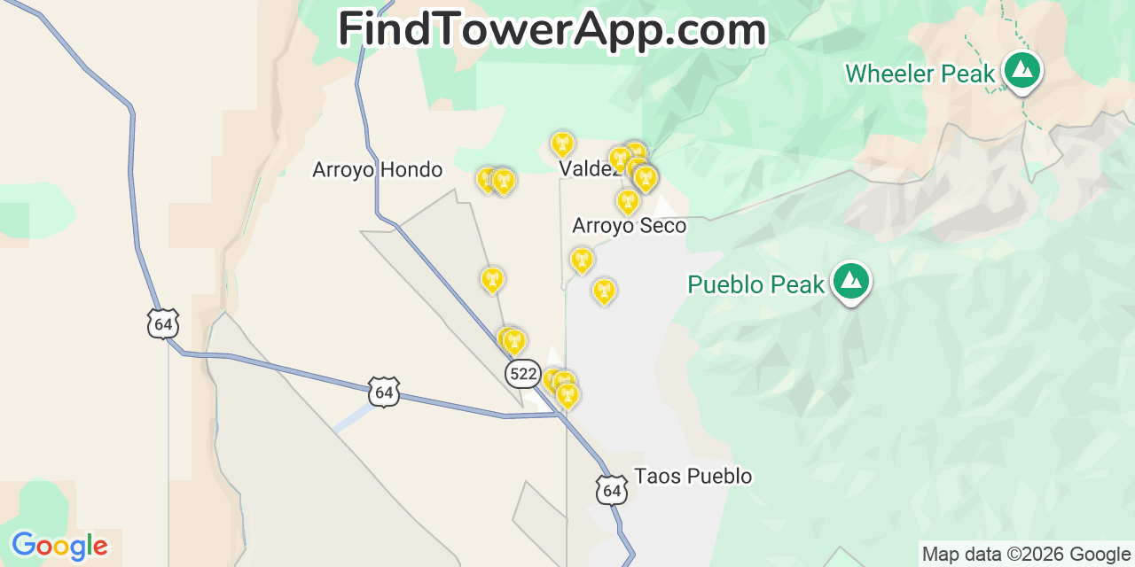 Map showing the 20 primary cell tower locations detected in Arroyo Seco, New Mexico from AT&T, Verizon, and T-Mobile networks