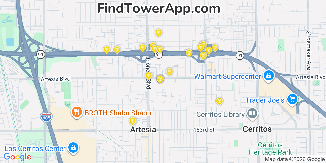 Map showing the 20 primary cell tower locations detected in Artesia, California from AT&T, Verizon, and T-Mobile networks