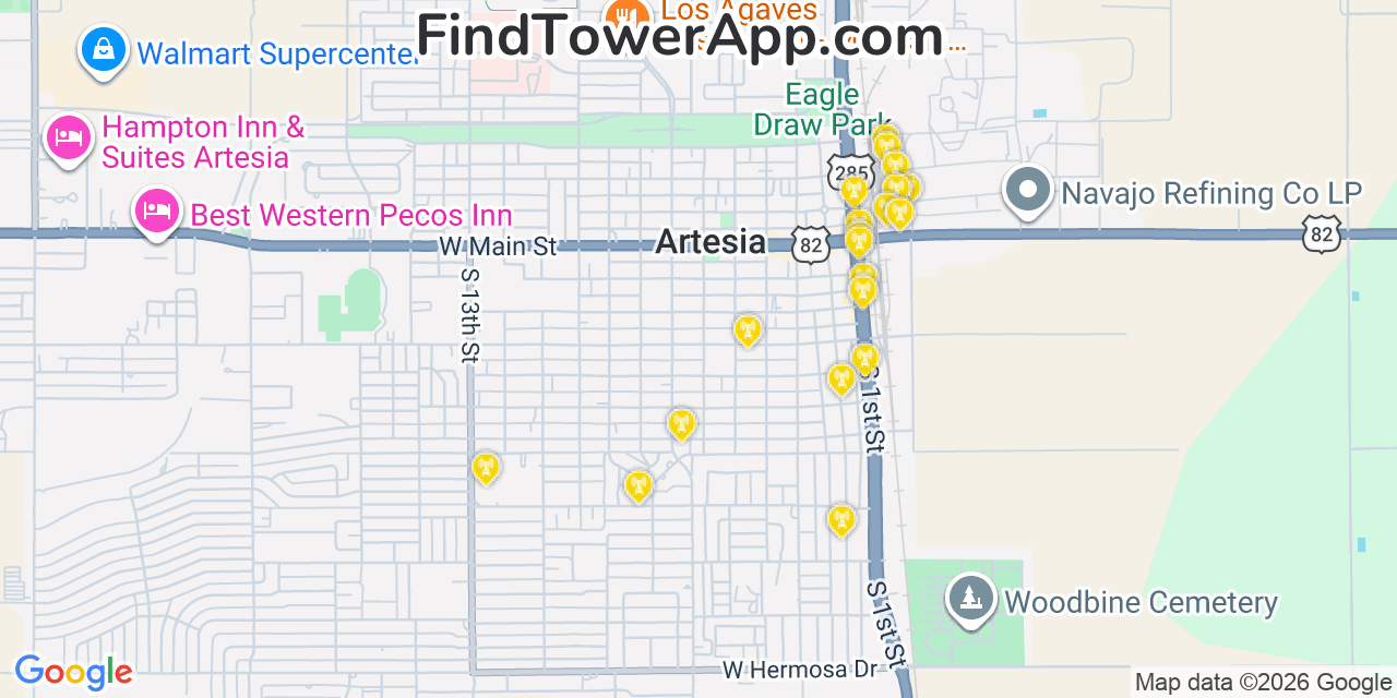 Map showing the 20 primary cell tower locations detected in Artesia, New Mexico from AT&T, Verizon, and T-Mobile networks